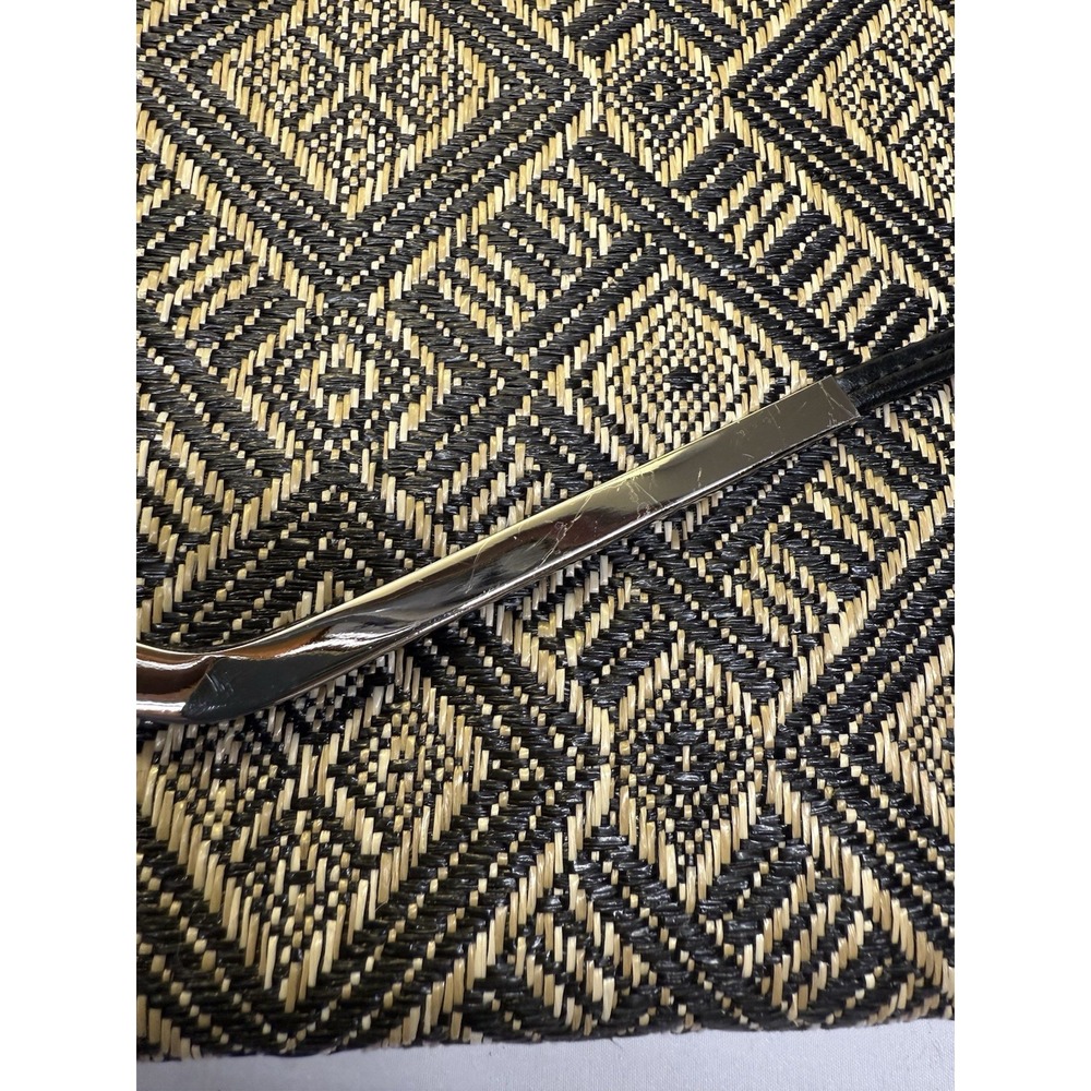 Poppie Jones Woven Rattan Black /Tan/ Purse Bag Clutch Silver Chain Snap Closure - Picture 6 of 12
